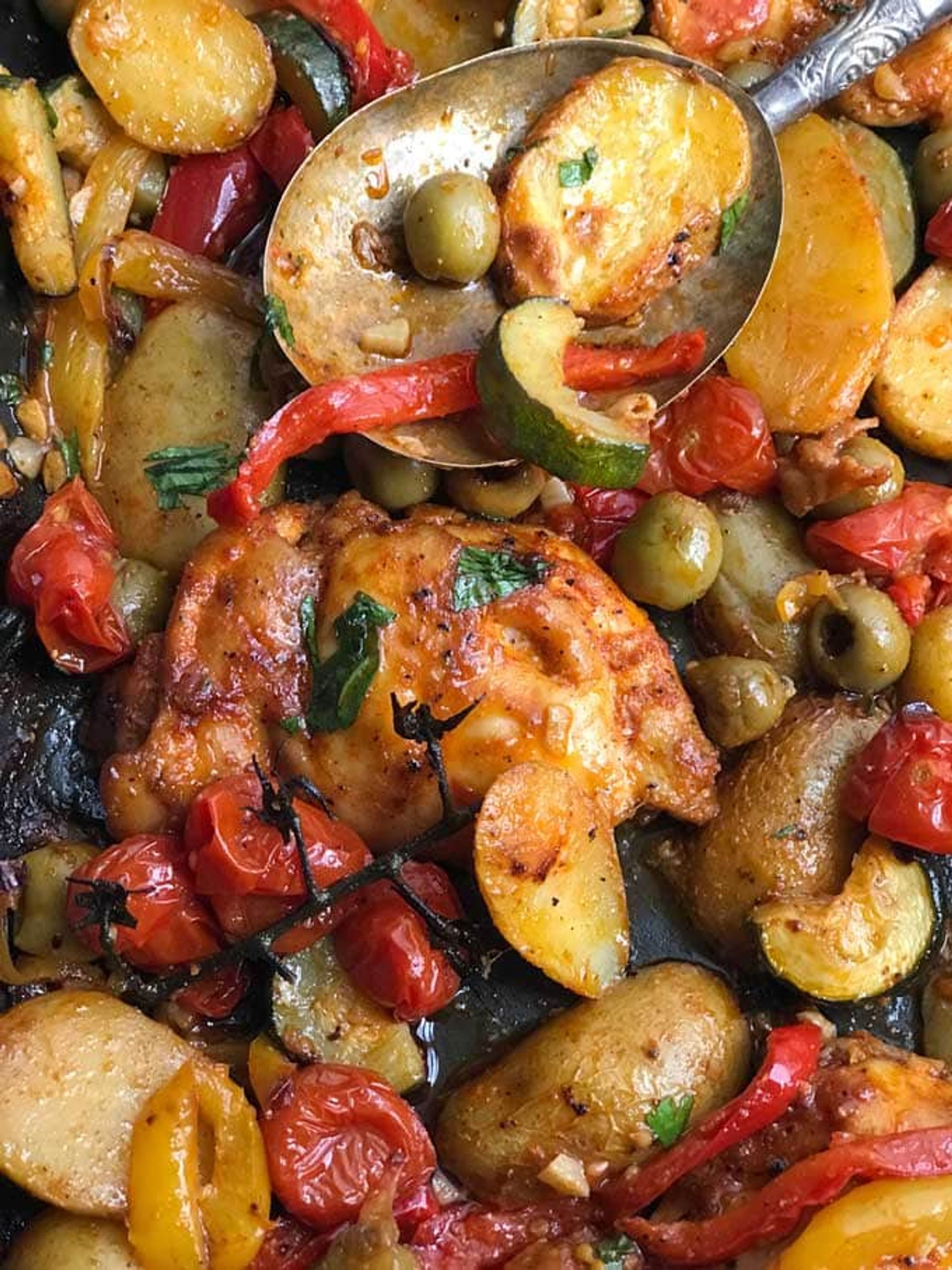 Baked Chicken Thighs with Potatoes, Peppers and Olives - My Recipe Magic